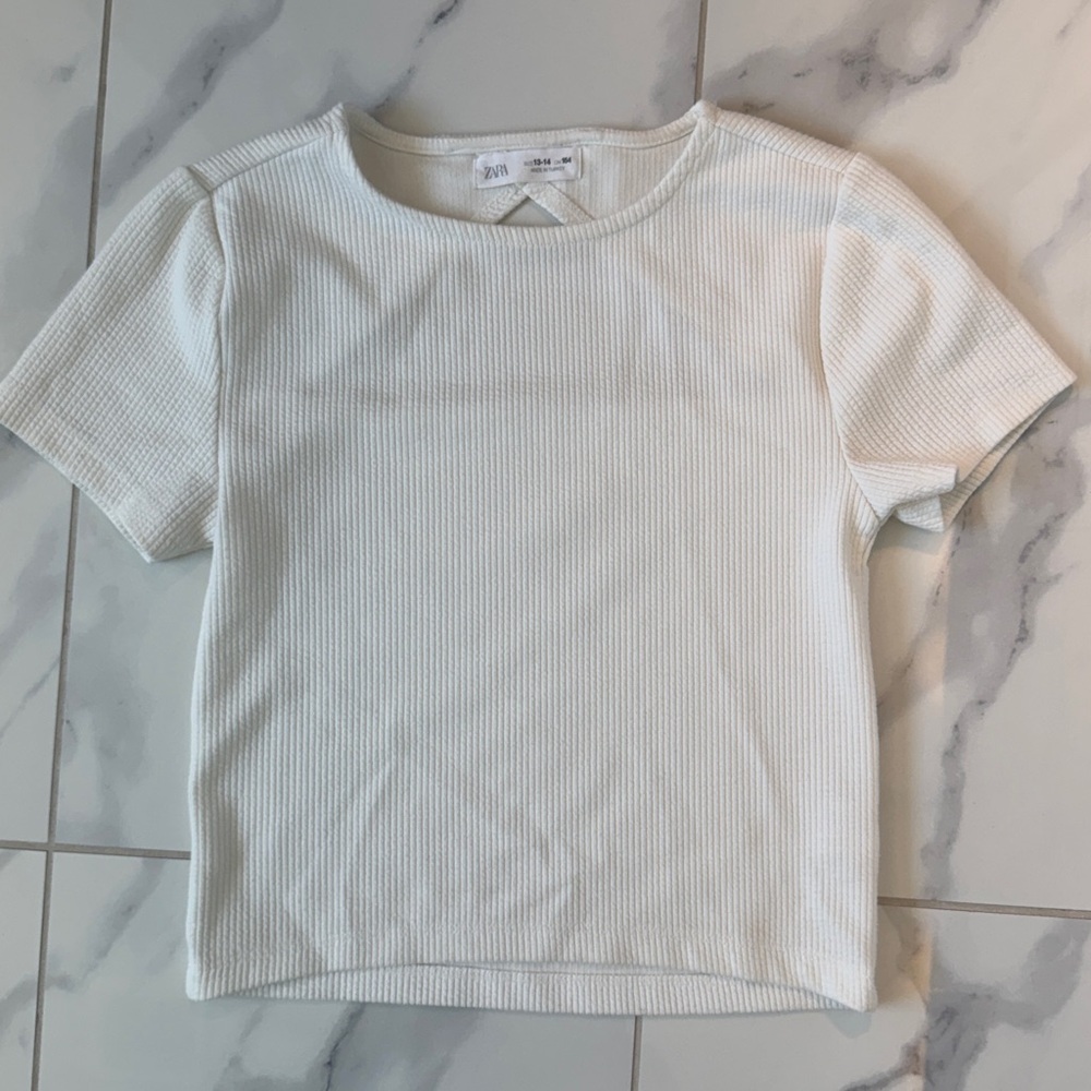 Zara Ribbed Cream Cut Out Back Short Sleeve Shirt Girls Size 13/14